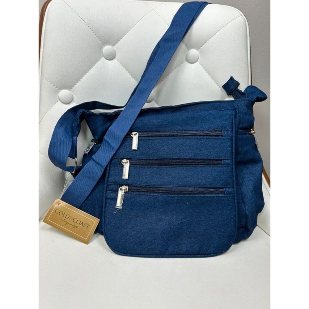 Gold Coast Denim Triple Zip Crossbody Bag Y2K Boho Style Messenger Purse Travel